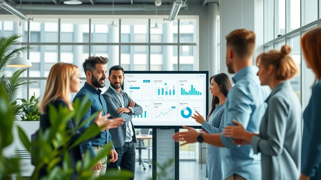 Modern office with team collaborating around project management automation dashboard showing workflow automation, project management, and management software.