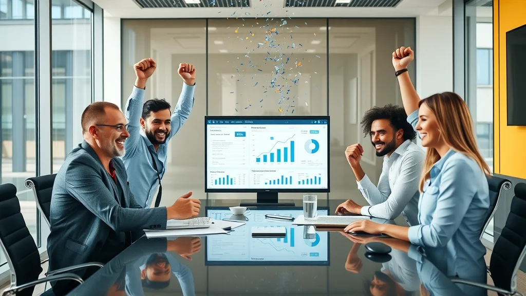 Business team celebrating project milestone success using project management automation tools and project management software in a boardroom.