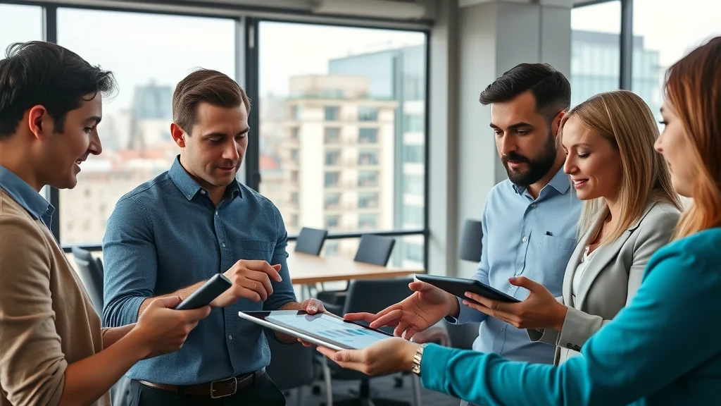 Strategic AI SEO planning for London businesses: team collaborating on digital screens and tablets with a cityscape view.