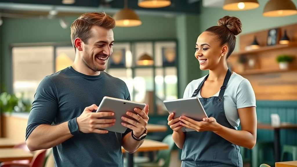 Fitness coach and restaurant manager collaborating on ecommerce platform tablets, reviewing orders in a bright, lively split gym/cafe set.