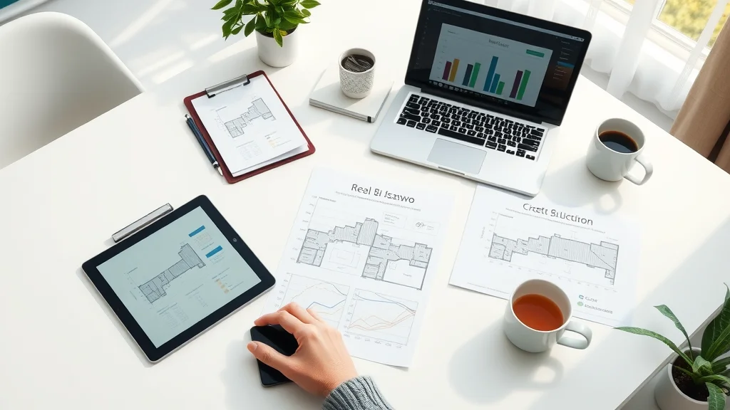 Flat-lay of real estate marketing tools including tablet, smartphone, clipboard, floorplans, and laptop for real estate and property marketing applications and solutions