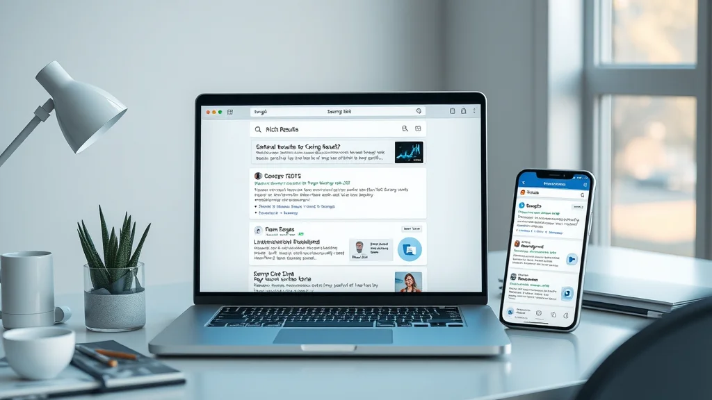 Modern search engine interface showing rich results and knowledge panels with animated overlays highlighting structured data features (schema markup - entity based seo and structured data for AI search)
