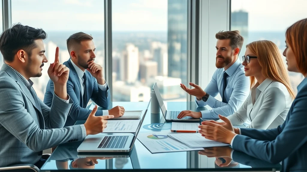 Professional business team engaged in category marketing strategy development consulting with digital charts and documents, city skyline in background