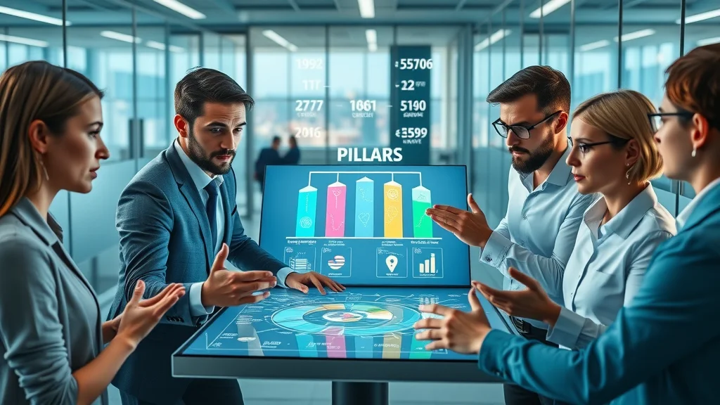 Consulting team visualizing the four pillars of category management with digital infographics in high-tech office