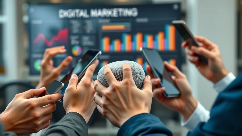 Diverse business professionals holding smartphones and a smart speaker, illustrating efficient business website optimization for voice search and conversational AI