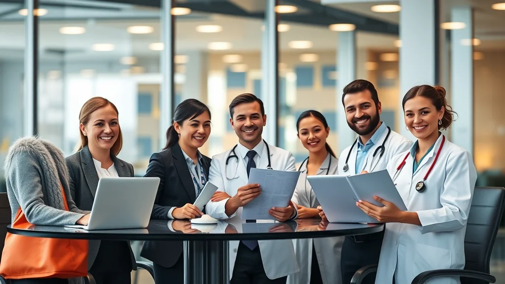 Diverse London business sectors adopting AI search engine optimization: professionals from finance, ecommerce, healthcare, and tech collaborate with city skyline in background.