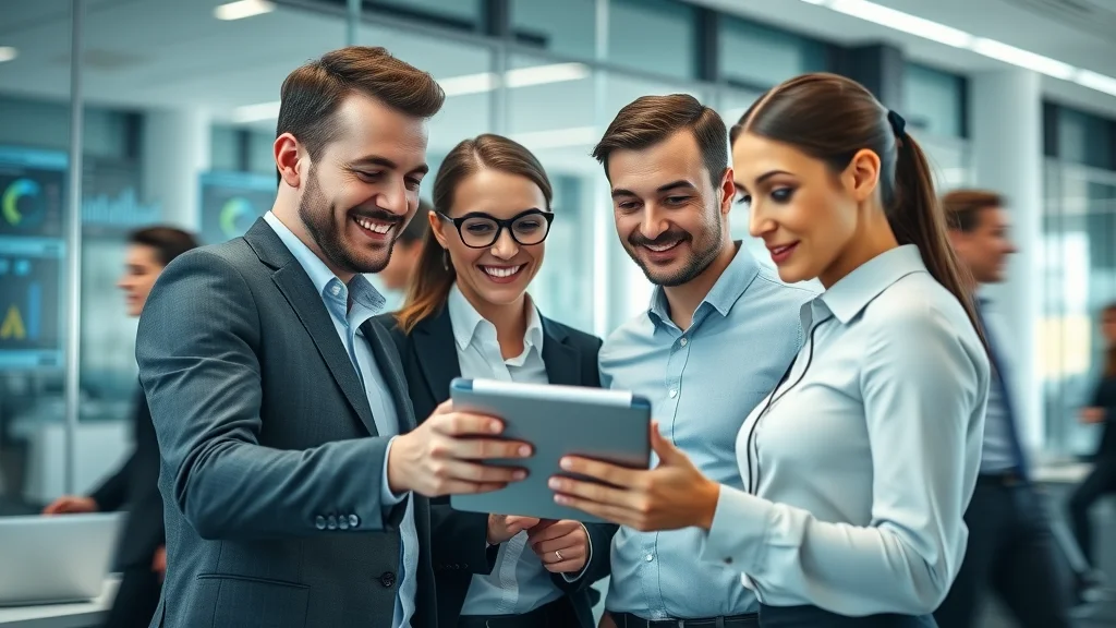 Innovative business team collaborating over recruitment software, showcasing digital dashboards and natural teamwork, connecting to recruitment apps and solutions
