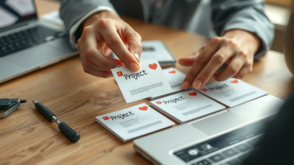 Project manager arranging note cards with project steps using project management automation tools and workflow automation.