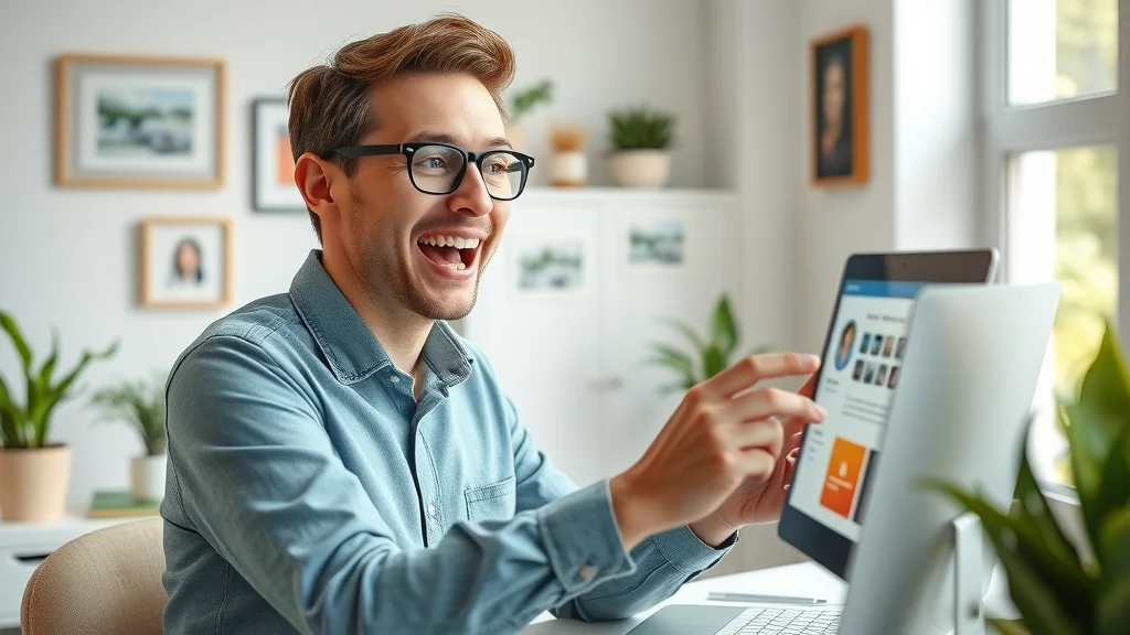Solo entrepreneur building online store with drag-and-drop site builder, excitedly arranging elements on laptop screen.