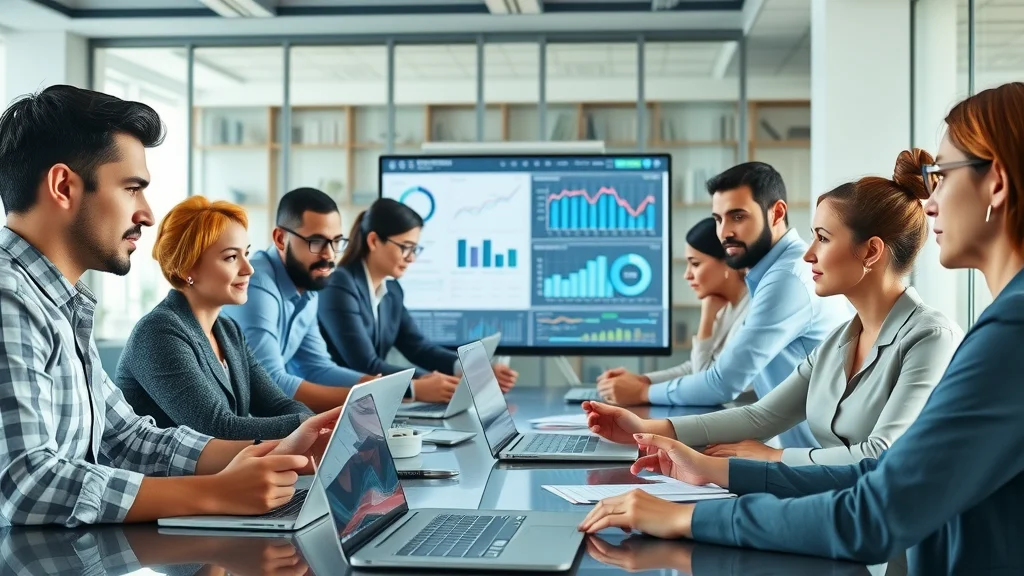 Automated help desk solution industry overview: Diverse business teams collaborate using digital help desk dashboards and AI interfaces