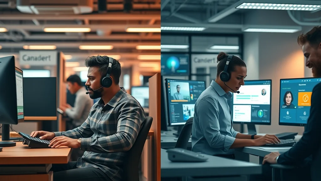customer support comparison: Modern AI-powered help desk versus traditional phone-based support agents in split office environments
