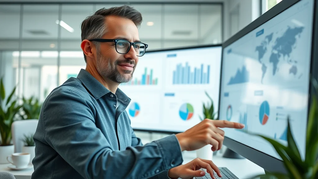 Small business professional reviewing financial dashboards and project management tools, engaging with digital interfaces.