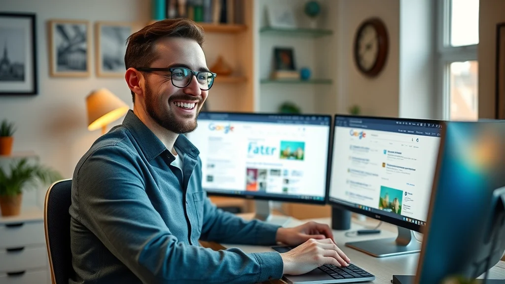 London ecommerce brand owner viewing increased SERP prominence from AI SEO in a home office setting.