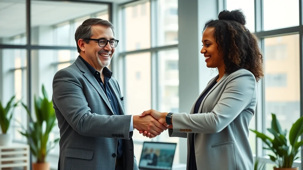 Confident HR leader shaking hands with a diverse candidate after successful interview, capturing great candidate experience and employer brand