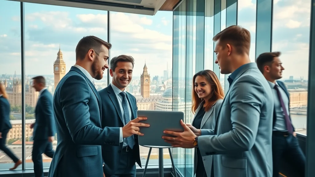 AI search engine optimization for London businesses in a vibrant London business district, professionals strategizing digital marketing in a modern office overlooking city landmarks.
