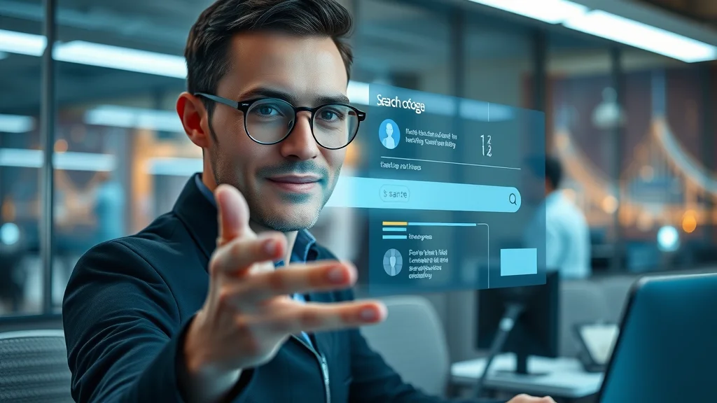 Sleek AI search interface at a London workstation, user engages with AI-powered search results and floating data in a modern office environment.