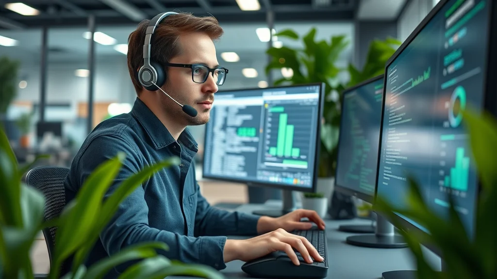 Cutting-edge AI automation resolving a support ticket, IT specialist overseeing the process, representing AI-powered customer support help desk solutions for London businesses