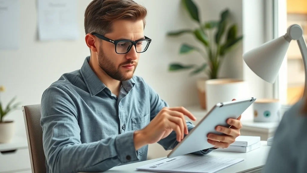Entrepreneur comparing e-commerce platform software options on a tablet at an organized desk.