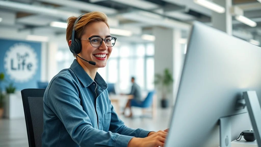 increase customer satisfaction with an automated help desk solution: Smiling help desk agent assisting a customer in a modern workspace with digital chat message UI