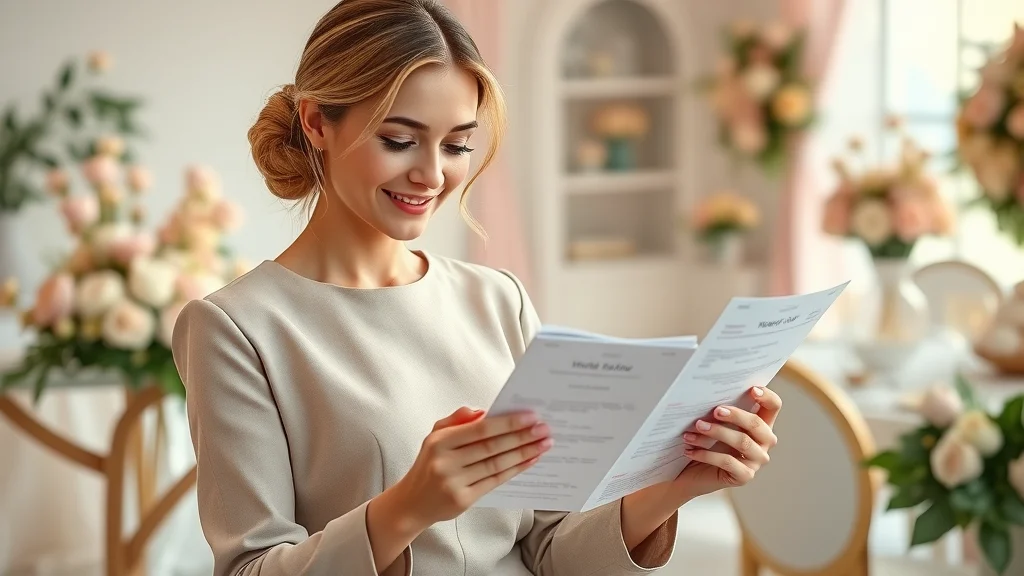 Wedding planner managing vendor and client lists on a tablet using e-commerce platform software in a decorated venue.