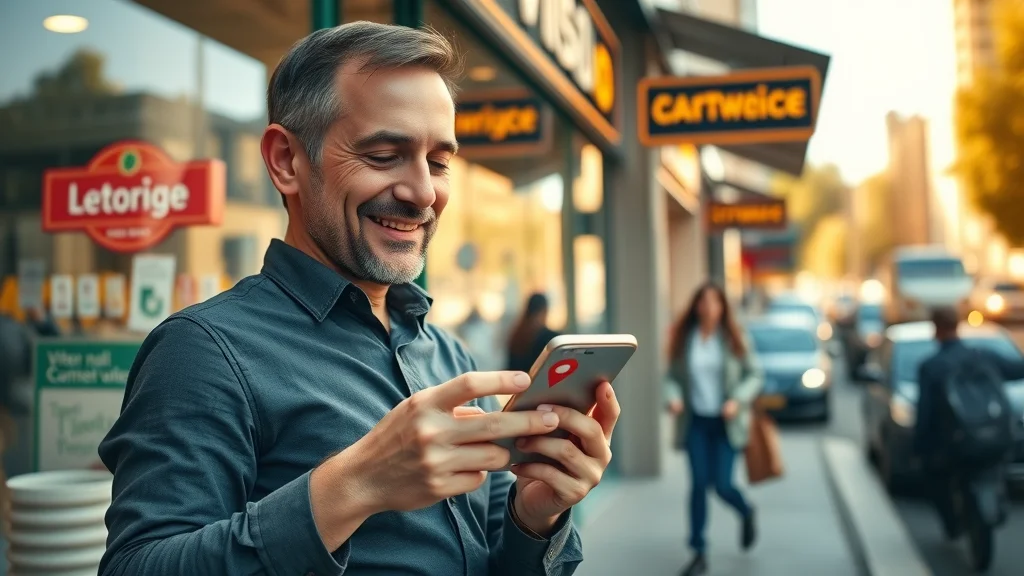 Business storefront owner optimizing for local SEO and voice search, holding smartphone with location pin