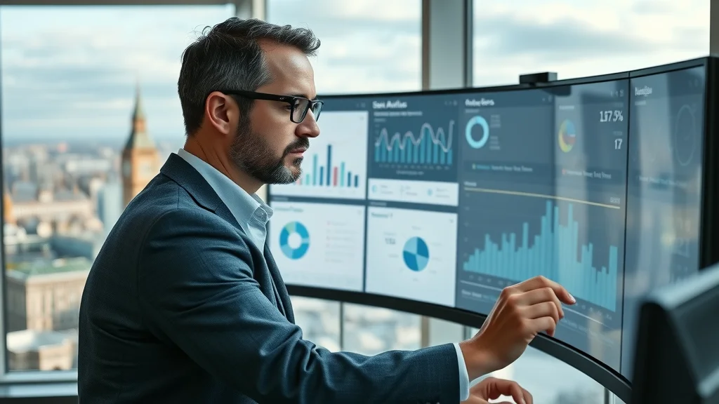 AI-driven SEO audit for London businesses: digital marketing expert analyzing strategy dashboards in a high-rise with city skyline.