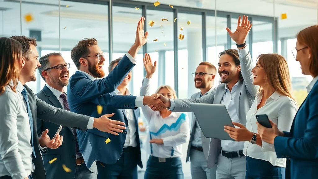 Triumphant business team celebrates successful category marketing strategy development results in a modern office setting