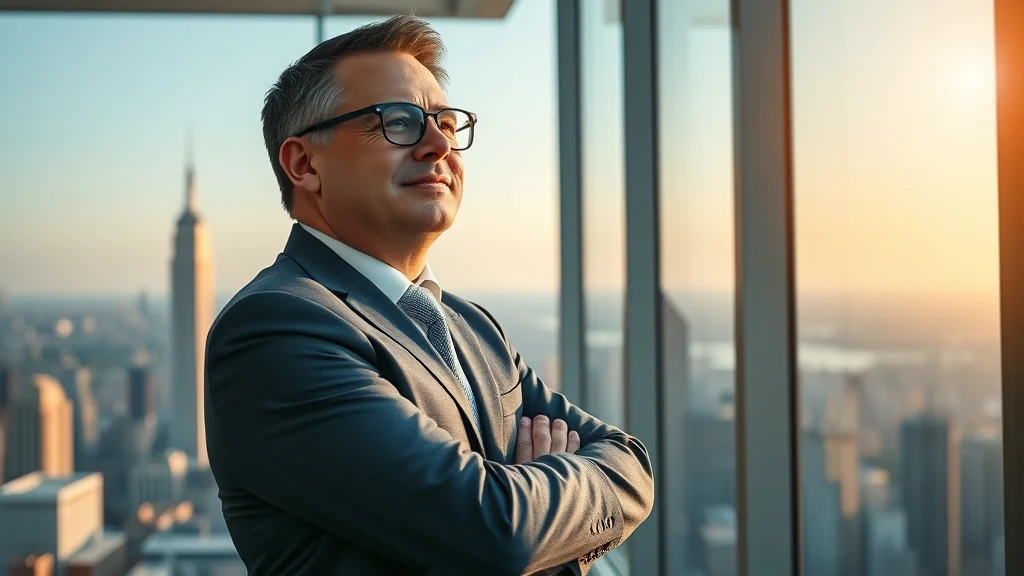 Forward-looking business leader confident in automation and project management, city skyline view, representing automation, management software, and future of project management tools.