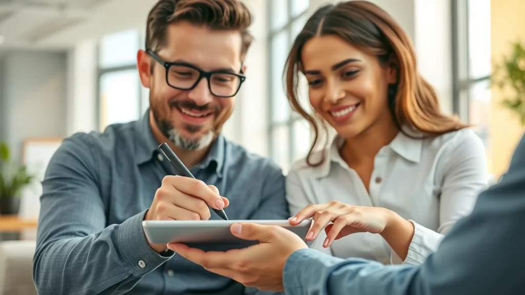 Client signing digital property contract using real estate and property marketing applications and solutions