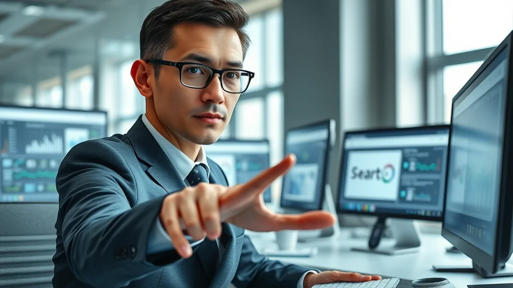 Business professional using smart voice assistant to optimize business websites for voice search and conversational AI in a modern office setting