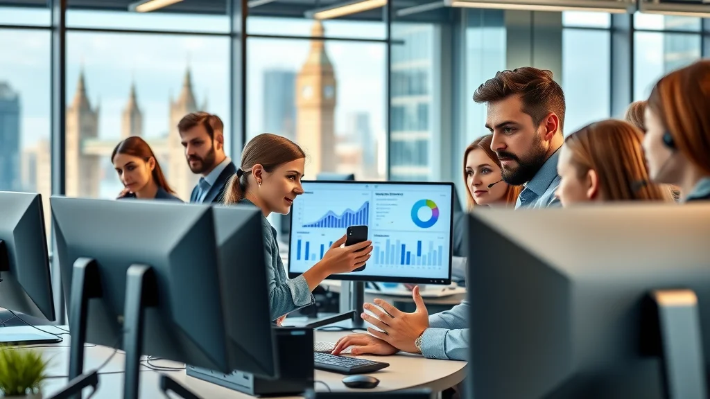 Modern London business office with diverse customer support team collaborating on digital dashboard with view of London landmarks, representing customer support help desk solutions for London businesses