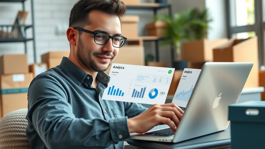 Business owner analyzing e-commerce platform dashboard with order and payment analytics on laptop, packing materials nearby.