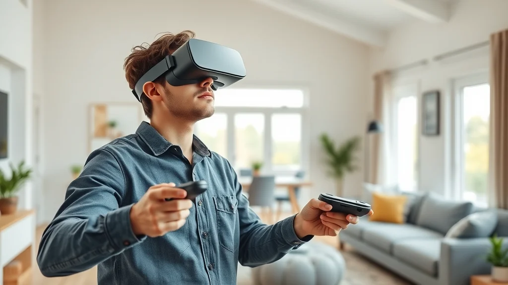 Homebuyer exploring virtual tour with VR headset for real estate and property marketing applications and solutions