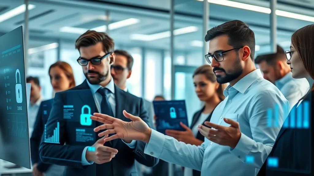 Small business team using cybersecurity and antivirus software solutions in a modern high-tech office environment, reviewing security data and digital overlays