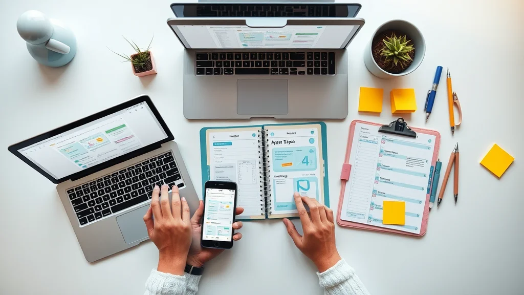 Multiple devices showing project management automation tool user interfaces, task management, collaboration, workflow automation.