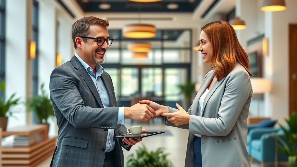 Welcoming partnership meeting for category strategy consulting with handshake and agreement in modern, friendly office lobby
