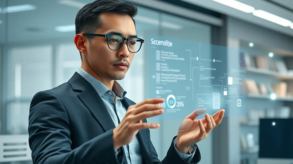 Futuristic business professional analyzing digital schema markup and structured data on a transparent display, highlighting SEO entities and structured data, set in a modern office with digital nodes and glowing points (schema markup - entity based SEO and structured data for AI search)