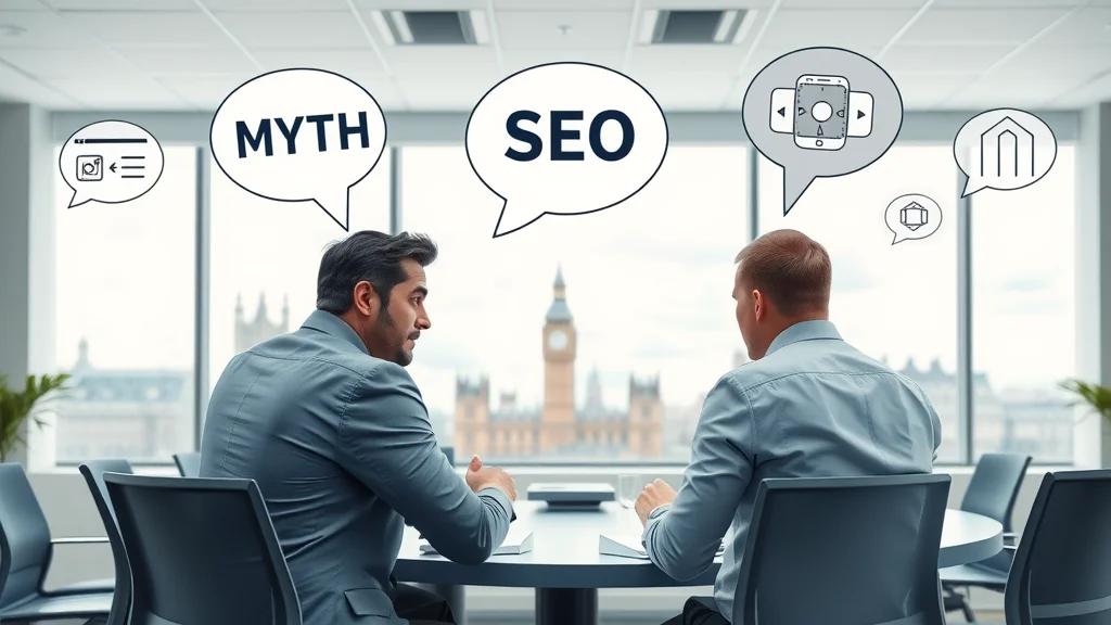 Marketers in London conference room discussing common AI SEO misconceptions with floating digital icons.