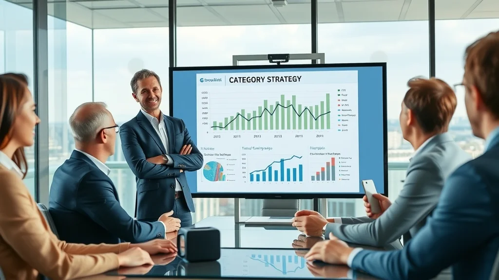 Confident consultant presenting category marketing strategy development insights to executives with digital graphics on screen