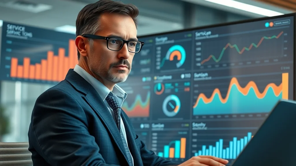 Service analytics dashboard: Business leader reviews customer satisfaction KPIs and resolution rates on digital display