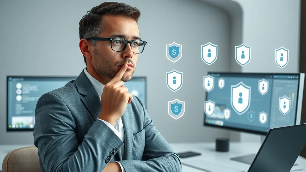 Business owner comparing cybersecurity and antivirus software solutions and applications with digital icons in a modern workspace