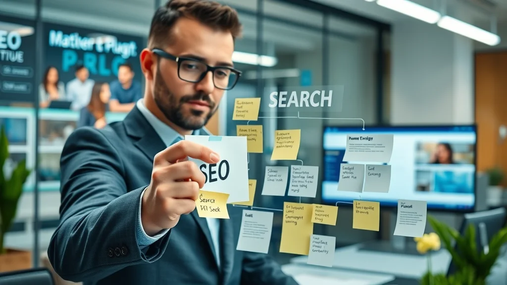 marketing manager organizing AI search optimization plan with sticky notes and flowcharts, photorealistic