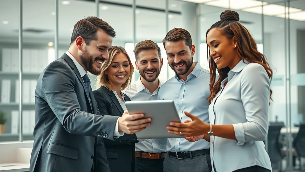 Modern real estate team collaborating using real estate and property marketing applications and solutions