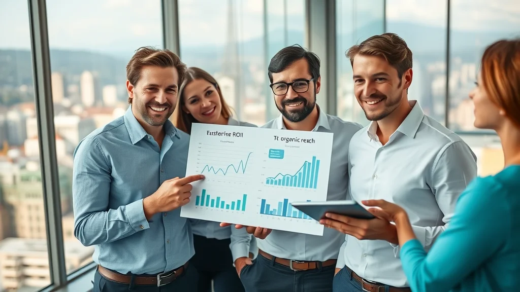 Marketing team analysing ROI metrics for answer engine optimisation and AI search in a modern office