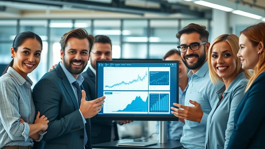 Business team collaborating around digital AI search analytics, showcasing answer engine optimisation in a modern office