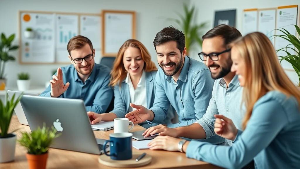 Small business team using e-commerce platforms software solutions and applications in a modern office, collaborating on digital devices.