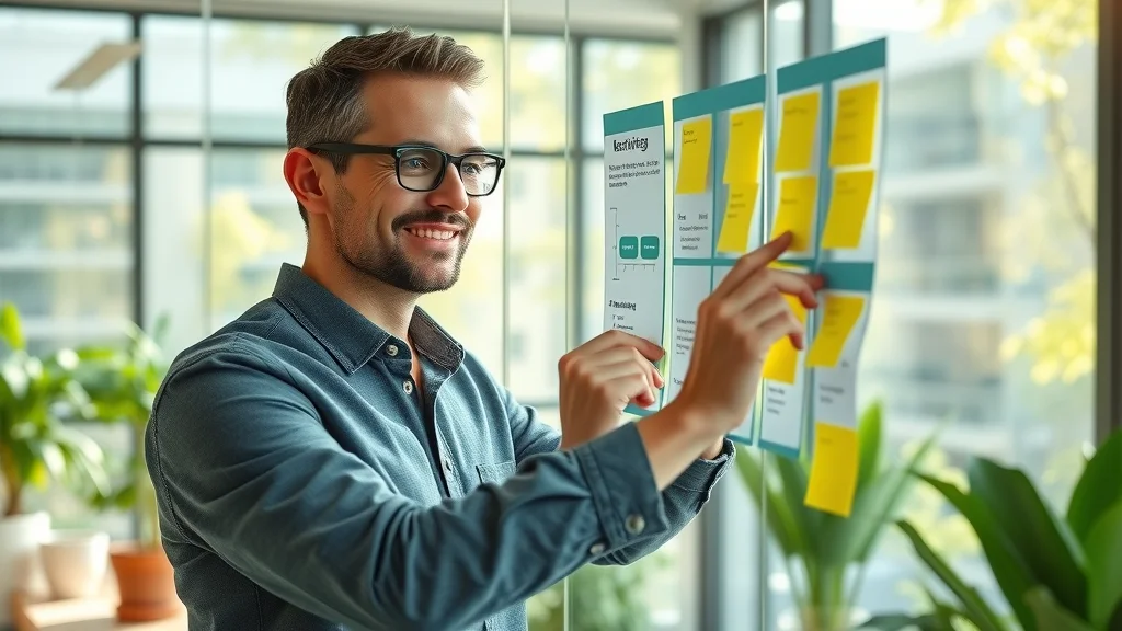 professional marketer arranging marketing plan on glass wall for digital marketing strategy development in sunlit office