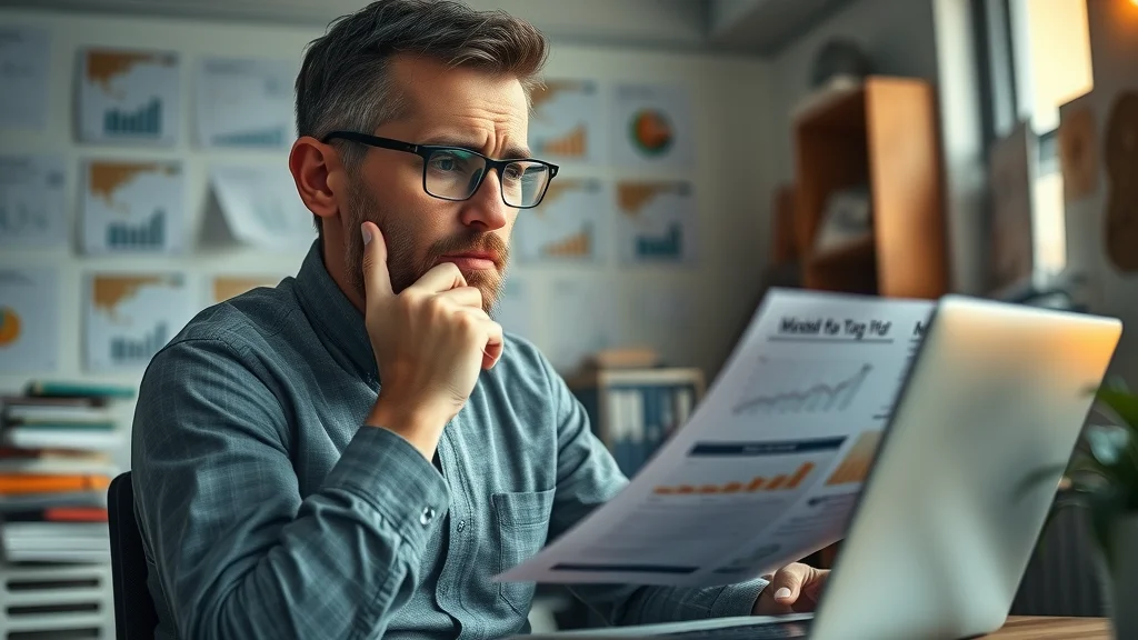 small business owner reviewing marketing budget and local reach statistics, photorealistic back office scene