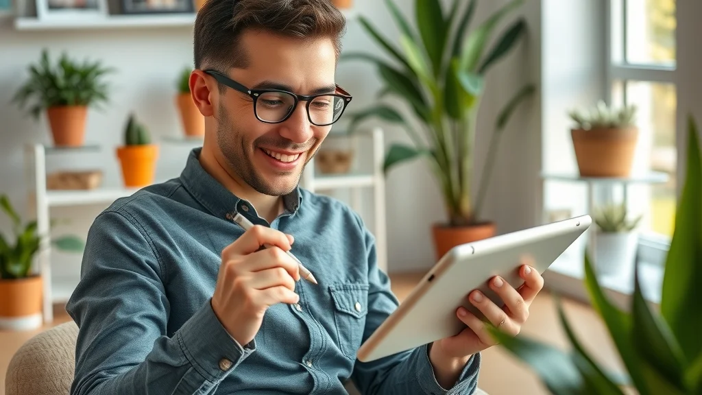 social media campaign for local business marketing: marketer designing promotional graphics on tablet, creative home office, photorealistic