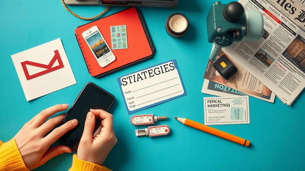 five main local marketing strategies: smartphone for social media, business card, event ticket, store sign, local newspaper, creative collage, photorealistic